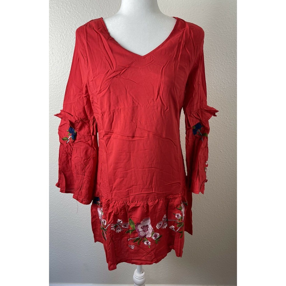 Available by Angela Fashion Long Sleeve Red V Neck Embroidered Floral Dress Sz S